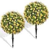 Grewyear Fall Artificial Topiary Ball Trees with Spike Set of 2, Fall Faux Boxwood Plants for Outdoor Planters, UV Resistant Artificial Outdoor Shrubs, Fake Bushes for Porch, Garden, Patio Decor
