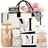 Lepiche Birthday Gifts for Women, Monogrammed Initial Gift for Teacher Wife Mom, Tote Bag,Glass Cup Gift Basket Personalized Christmas Mother's Teacher Appreciation Day,M