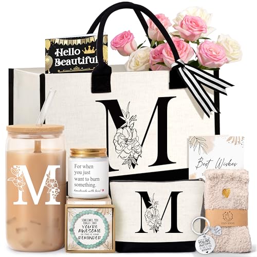 Lepiche Birthday Gifts for Women, Monogrammed Initial Gift for Teacher Wife Mom, Tote Bag,Glass Cup Gift Basket Personalized Christmas Mother's Teacher Appreciation Day,M