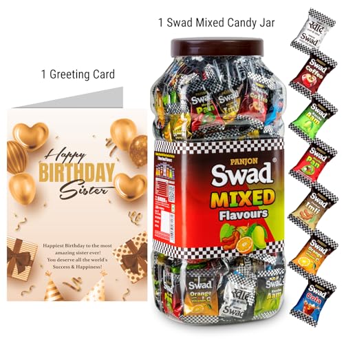 Image of Swad Happy Birthday Sister Gift with Card (Swad Mixed Flavours Candy 200 Jar & 1 Greeting card) 2 units