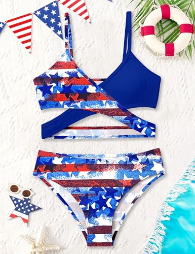 Image of Girls Swimsuit Bikini Set,Criss Cross Bathing Suits for Girl Two Piece Solid Color Girls' Swimwear for 7-16 Years