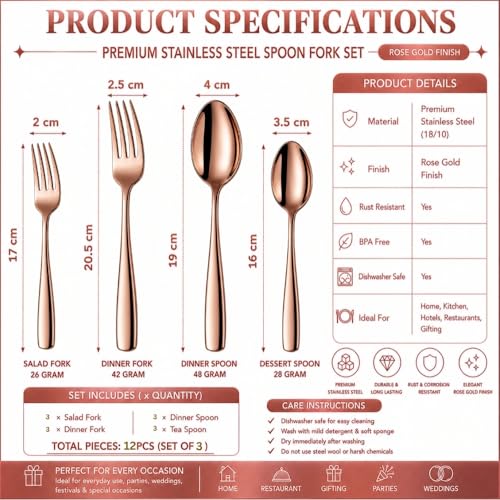 Image of Classic Rose Gold 12 Pcs Stainless Steel Cutlery Set for Dining Table, Dishwasher Safe Glossy Flatware