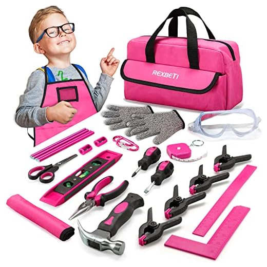 REXBETI 25-Piece Kids Tool Set with Real Hand Tools, Pink Durable Storage Bag, Children Learning Tool Kit for Home DIY and Woodworking