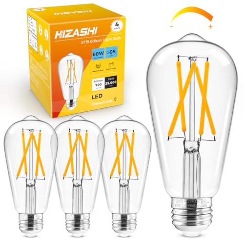 Hizashi Dimmable Edison Bulbs 60 Watt LED, E26 Bulb 2700K Warm White ST19 Vintage Light Bulbs, 95+CRI, UL Listed,700LM 6W E26 Medium Base, Clear Glass, Pack of 4 Warm White 2700k 4 Pack