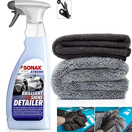 detailmate Trockenreinger Auto Set: Sonax Xtreme BrilliantShine Detailer, 750ml Sprühflasche + kurzfloriges Mikrofasertuch 320GSM + langfloriges Poliertuch 550GSM + Schutzhandschuhe