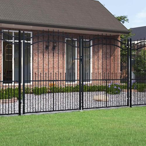 Gecheer Cancela de Valla Valla de jardín con Puntas Puerta Barrera Exterior Cercas para Jardín Puerta de Valla Punta Lanza Vallas Decorativas para Jardín de Acero Recubierto Negro 305x223cm