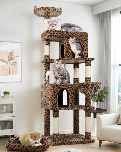 Globlazer Kratzbaum Leoparden Groß 183 cm hoch mit Großer Liegefläche Katzenhöhlen Sitzstangen Katzenspielzeug, Katzenbaum Stabil für Maine Coon bkh Große Katzen (S72, Leoparden)