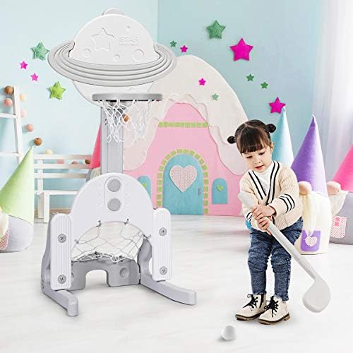 COSTWAY Basketball Hoop Set, 3 in 1 Sports Activity Center with Basketball, Soccer Ball & Golf Set, Height Adjustable Basketball Stand Best Gift for Baby Toddler (White)