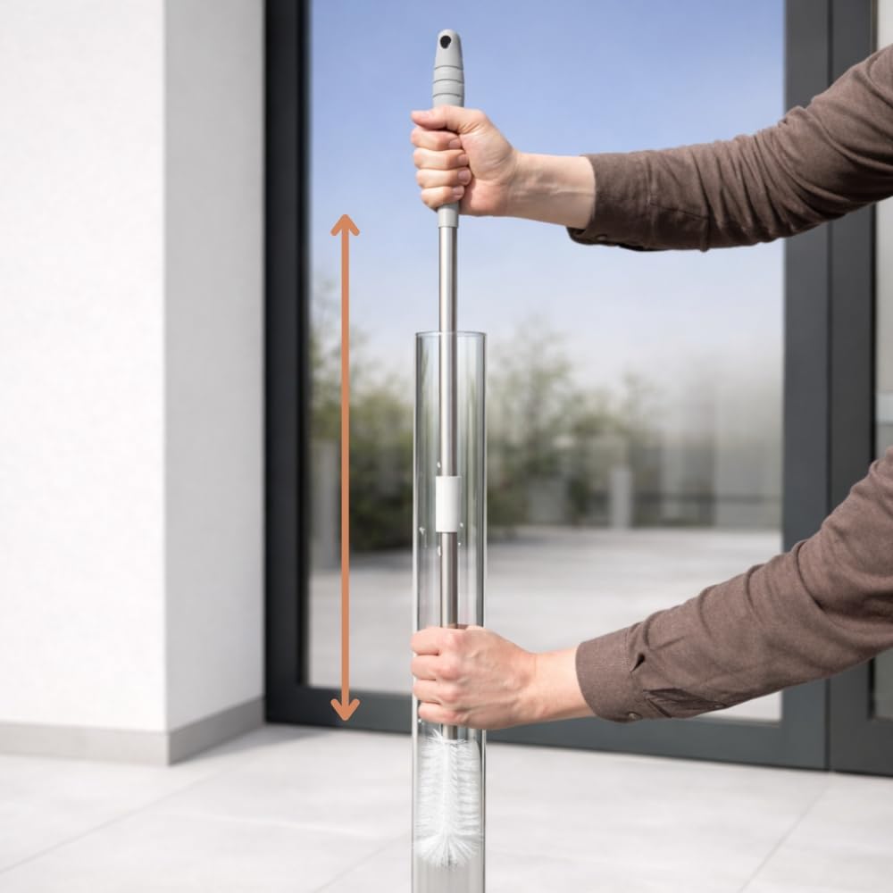 GARDENFLARE Pflege- & Zubehörset für Klassik Feuerrohr – 4-teilig mit Schaufel, Trichter, Teleskop-Glasbürste & Brennkammerbürste – Reinigungsset für Deine Pelletfackel (für 8 cm Glasrohr)
