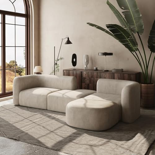 Image of 116 inch Luxury Modern Tight Curved Back Velvet Sofa, Minimalist Style Comfy Couch for Living Room Apartment, 4 Seater Modular Sectional, Cream