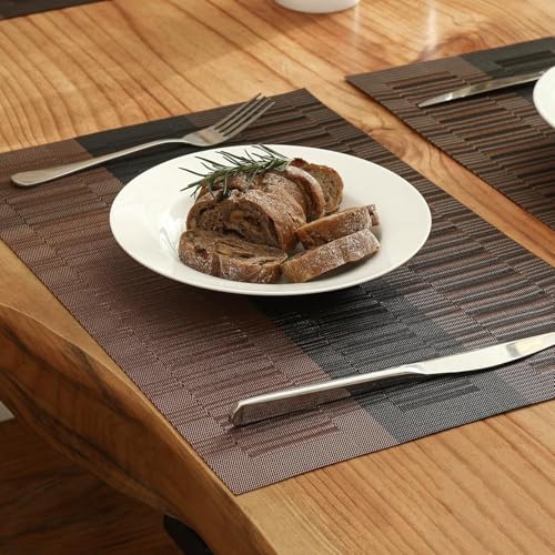 Image of Placemats Set of 6 Dining Table Place Mats | Placemats Table Mat PVC Material | Non-Slip Heat Resistant | Dining Tablemates Washable Anti-Skid | Size 45 x 30cm (Brown & Black Stripe)