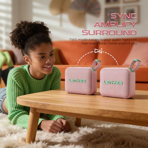Image of Lenyes S216 Bluetooth Pocket Speaker, 6W, IPX7 Waterproof, Deep Bass, 5Hr Playtime, TWS Stereo, Bluetooth 5.0, TF Card, Carry Strap, Compact and Lightweight, Pink