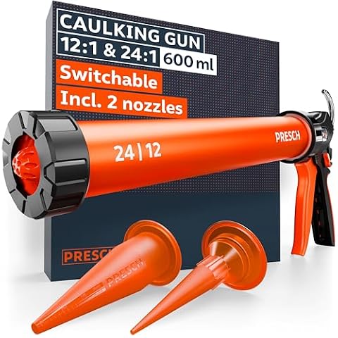 Presch Wyciskacz do folii 600 ml z 2 dyszami – Przełączane przełożenia 24:1 i 12:1 do wszystkich uszczelniaczy i klejów (akryl, silikon, PU) – Obrotowy cylinder 360° z antypoślizgowym uchwytem