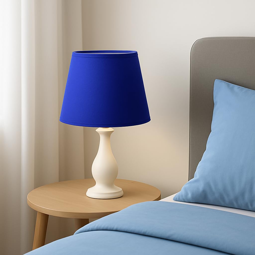 30 cm Paralume Cono, Tessuto di Cotone con PVC Bianco, Prodotto Artigianale, per Lampada da Tavolo, Piantana (Blu)