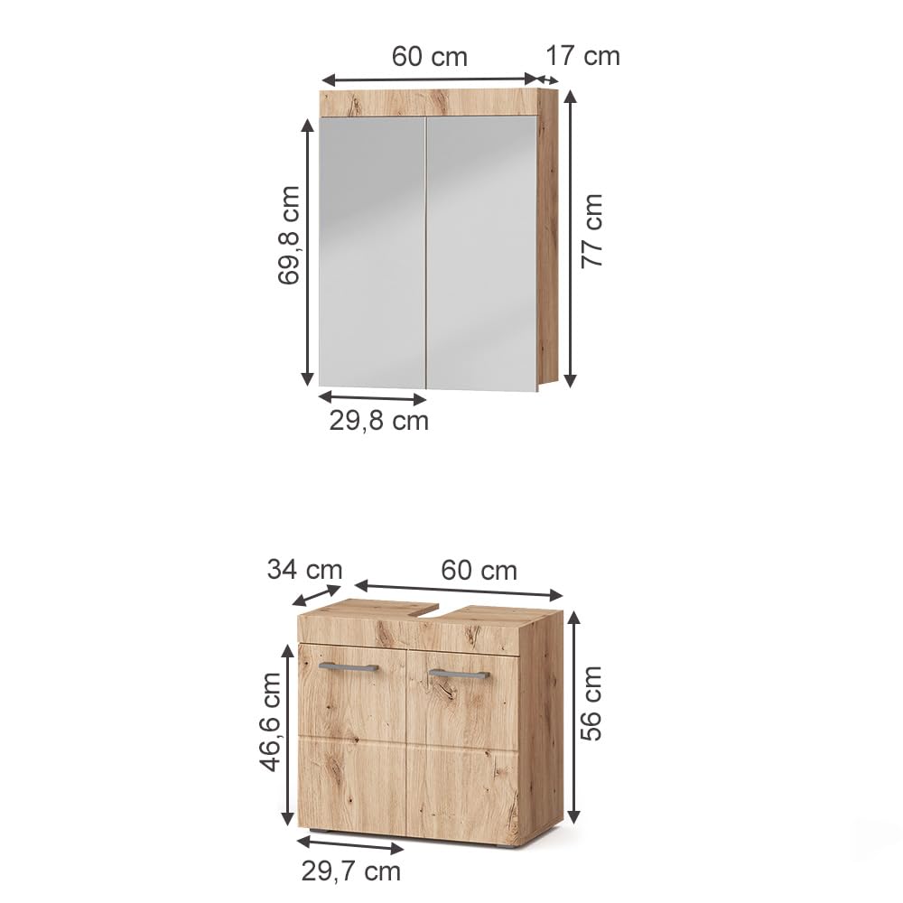 Vicco Set mobili bagno Luna, Quercia Wotan, 60 cm, composto da specchio da bagno e mobile sottolavabo