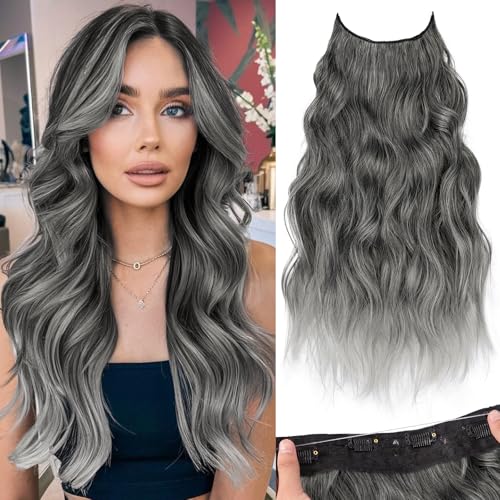 KooKaStyle Invisible Wire Hair Extensions with Transparent Headband Adjustable Size 4 Secure Clips Long Wavy Secret Wire Hairpiece 20 Inch Grey/Sliver Mixed for Women