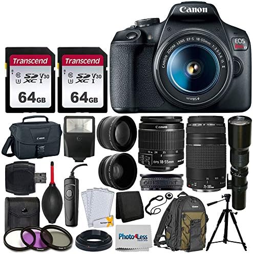 Canon EOS Rebel T7 DSLR Camera + EF-S 18-55mm f/3.5-5.6 is II + EF 75-300mm f/4-5.6 III Lens + Telephoto 500mm f/8.0 T-Mount Lens (Long) + 2X 64GB Memory Card + EOS Bag + Backpack + Tripod (Renewed)