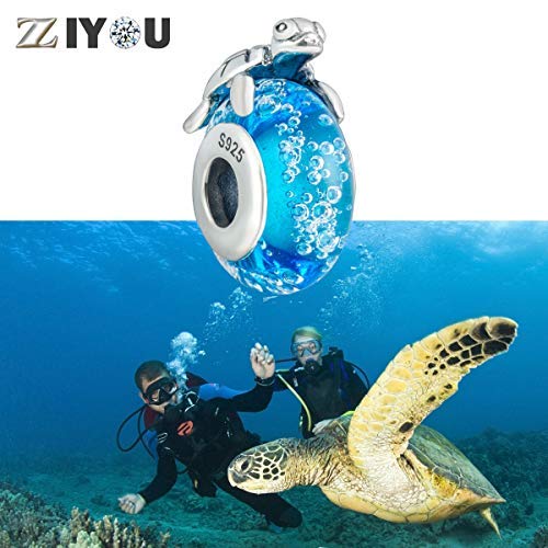Sea Turtle Charms, On A Blue Bubble Murano Glass Beads, Fit Pandora Ocean Bracelets-925 Sterling Silver Tropical Marine Life Charm Hawaii Vacation Summer Travel #TOP5
