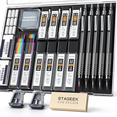 STAGEEK Conjunto de lapiseiras metálicas de 21 peças, lápis de grafite artístico 0,3, 0,5, 0,7, 0,9, suporte de 2 mm (cor HB 2H 2B 4B) com 10 tubos de grafite refis de borracha com estojo para esboços
