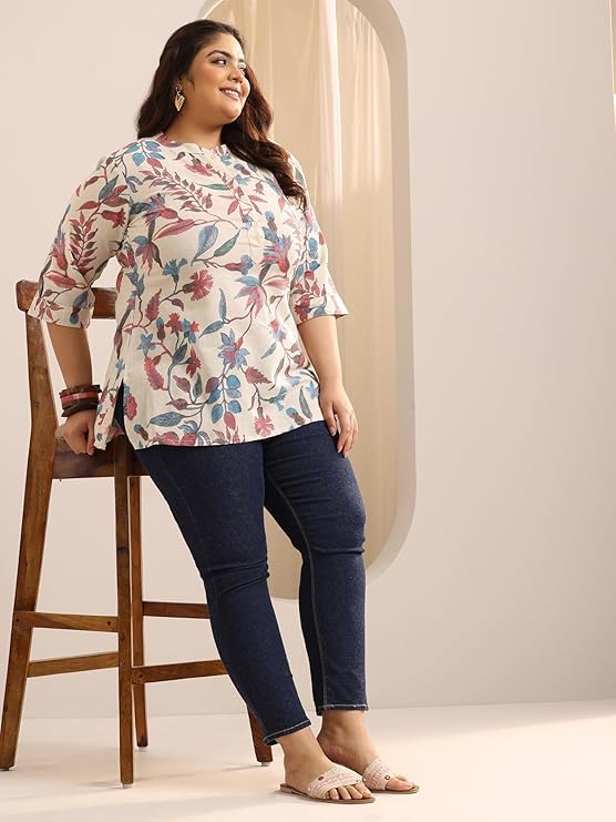 Image of Plus Size Printed Cotton Straight Kurti for Women