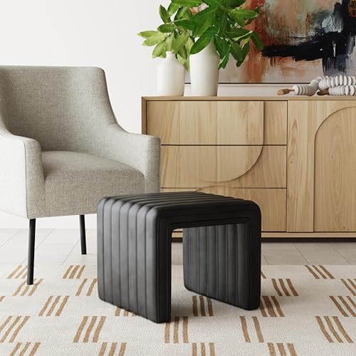 Image of HomePop 19 inch Modern Channel Tufted Ottoman - Black Faux Leather
