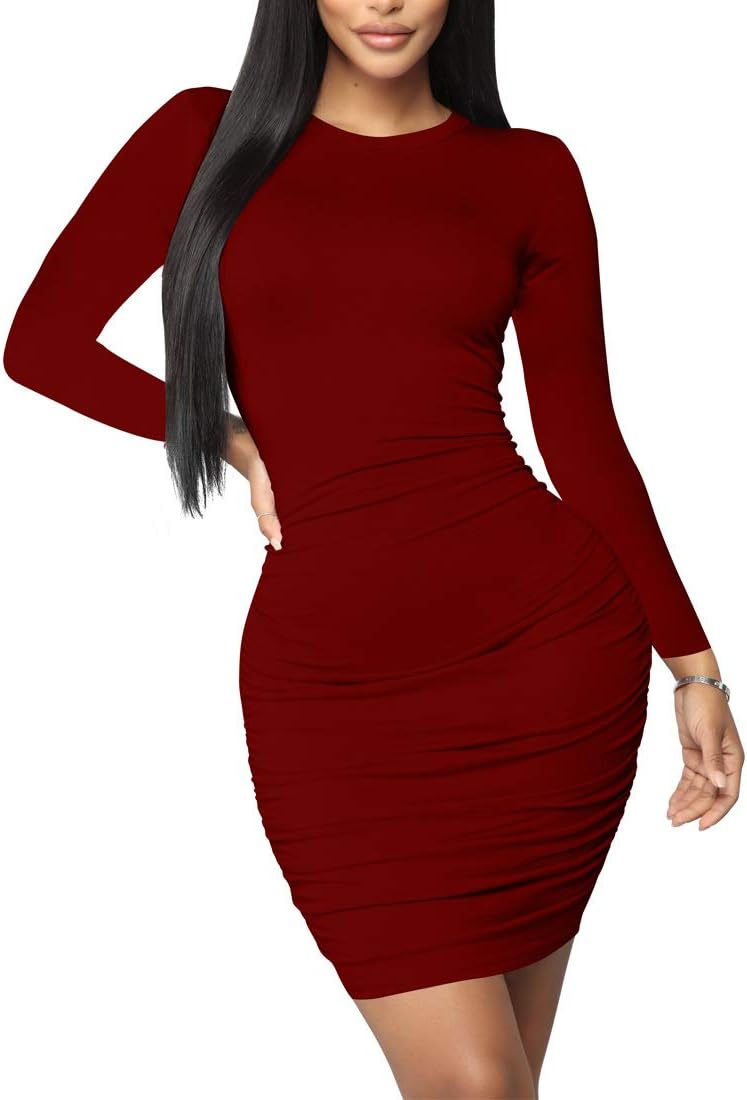 Mokoru Women's Sexy Basic Elegant Long Sleeve Ruched Bodycon Club Party Mini Dress - Image 3