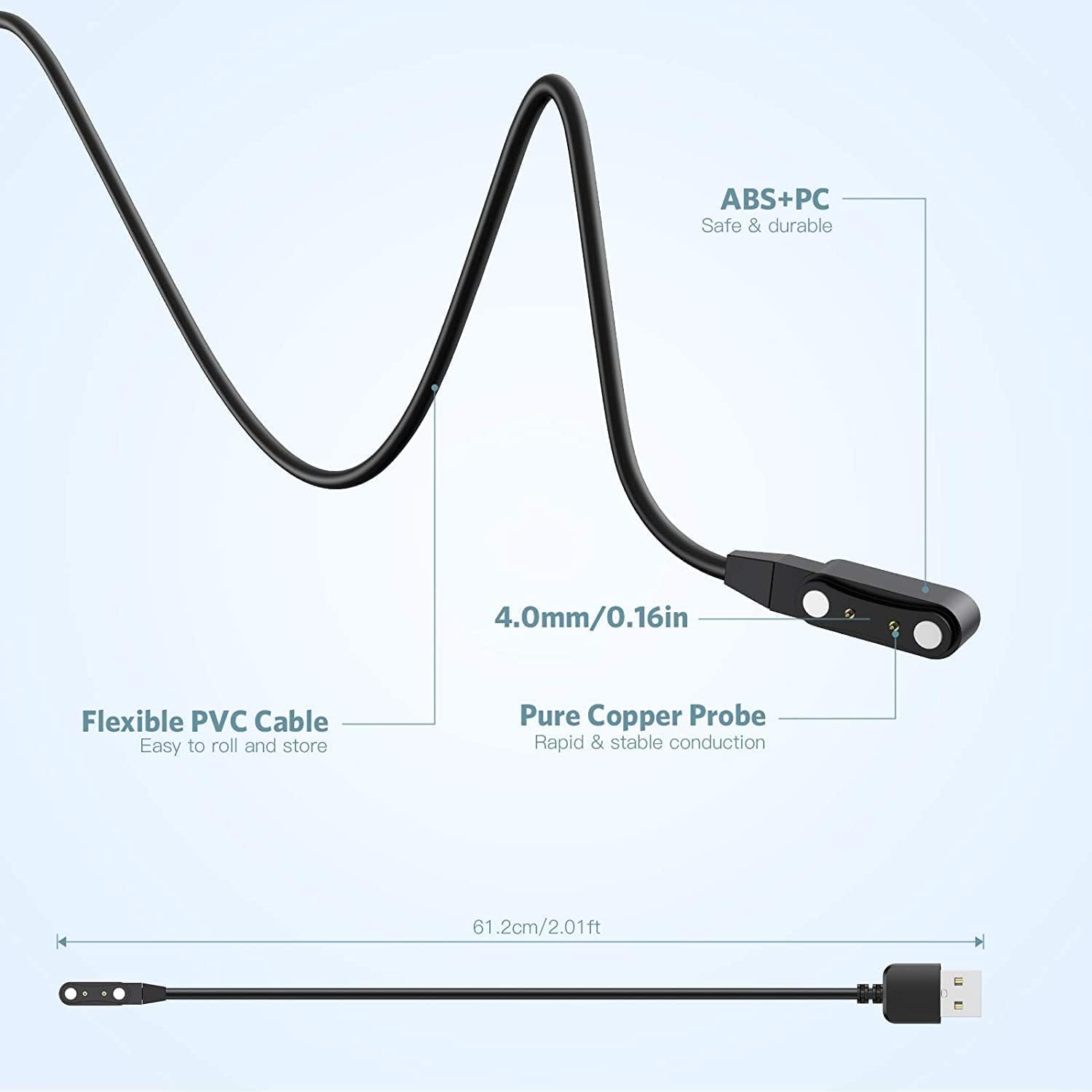 Chargeur universel magnétique de 4 mm, câble de charge magnétique à 2 broches pour montre intelligente, distance de charge compatible de 3,8 à 4,2 mm