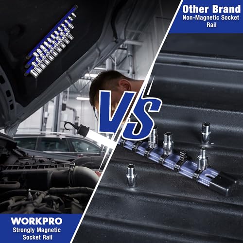 Image of WORKPRO Magnetic Socket Organizer, 1 /2-Inch Drive Aluminum Alloy Socket Rail, Heavy Duty Socket Holder, Socket Rack Kit 1 /2-Inch x 10 Clips (Blue)