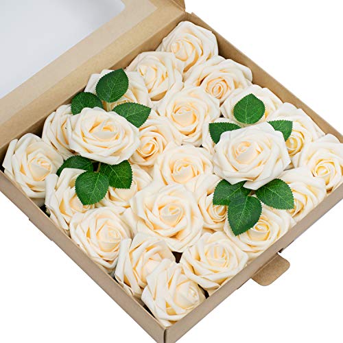 Foraineam 50Pcs Artificial Roses Flower Real Looking Foam Rose Fake Flowers With Stem & Leaves For Diy Wedding Bouquets Centerpieces Party Home Decorations (Cream) #TOP1