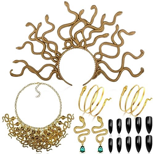 Huquary 5 Pcs Halloween Medusa Snake Costume Set for Women Medusa Headpiece Headband Medusa Snake Choker Necklace Snake Earrings Bracelet Black Fake Nails for Halloween Cosplay Costume Accessories