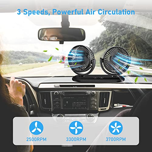 TriPole Car Fan 12V / 24V Portable Auto Cooling Fan Dual Head Rotatable Vehicle Fans 3 Speeds Strong Wind Electric Air Circulation Fans for Car Dashboard Truck SUV Sedan RV Van Boat Golf Cart
