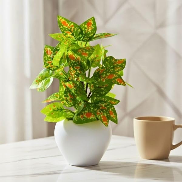 Image of fancymart Artificial Plant Leaves in Apple Pot (30 cm Height) | Small Potted Plant for Office Desk | Home Decor for Living Room | Cafe & Restaurant Table Decoration
