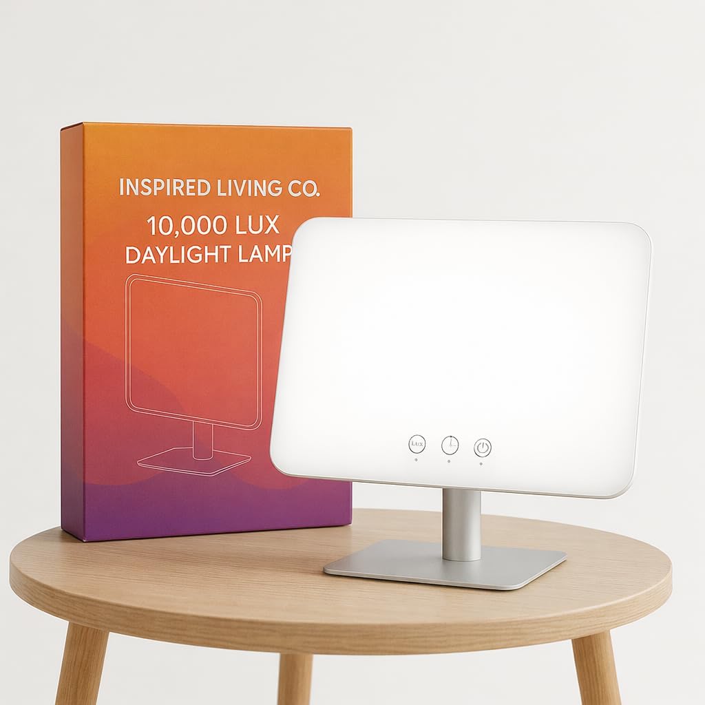 Inspired Living Co. 10000 Lux Light Lamp – UV-Free Daylight Lamp for Home, Office & Travel – Adjustable Brightness Daylight Lamp with Timer & Foldable Stand