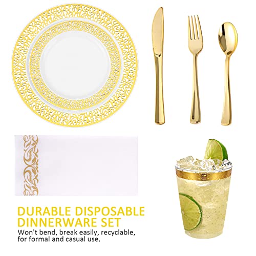 Bayzz 175 Piece Gold Dinnerware Set,25 Guest Gold Lace Design Plastic Plates,25 Gold Plastic Silverware,25 Gold Cups ,25 Linen Like Gold Napkins, Disposable #TOP2