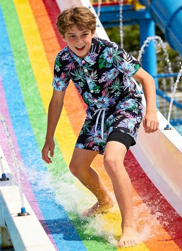 Image of UNICOMIDEA Boys Hawaiian Outfits Tropical Print Button Down Shirt + Swim Trunks 2 Piece Sets for 5-12T Kids