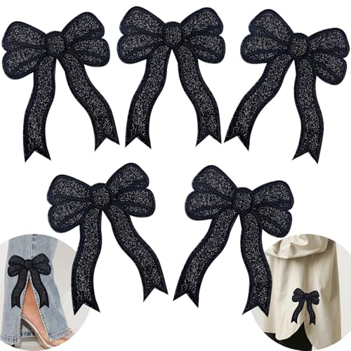 CY Iron On Patches Glitter 5Pcs Sweatshirt Side Bow Embroidered Patch Cute Sequin Applique Sew On Fabric Patches Shiny DIY Decorative Accessories Lovely for Girls Women Clothes Backpacks Jackets,Black