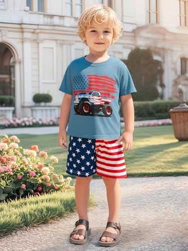 Image of Toddler Boy 4th of July Outfit Short Sleeve T-shirt + American Flag Shorts Independence Day Clothes