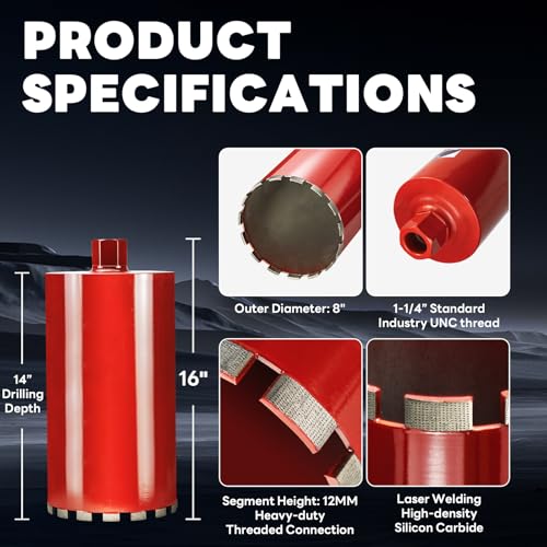 Image of Premium 8 inch Wet Core Drill Bit for Hard Concrete with High-Density Diamond, Precision-Welded Segments, 1-1 /4 inch-7 Thread x 14 inch Depth, Industrial Grade for Concrete Rebar, Brick, Masonry, Pavers