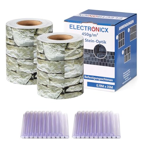 Electronicx PVC Sichtschutzstreifen Graue Steinoptik | Sichtschutz Zaunfolie Doppelstabmatten | 70m (2x35m) x 19 cm | 450g/m² | UV-beständig, Blickdicht, inkl. 40 Befestigungsclips