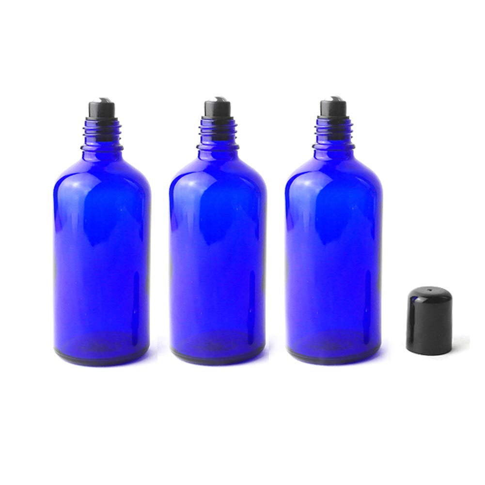 OHEETU 3PCS 100ml/ 3.4oz Roller Bottles Empty Refillable Blue Glass Roll-on Bottles with Stainless Steel Roller Balls and Black Cap for Essential Oil Lip Balms Attar Travel Container