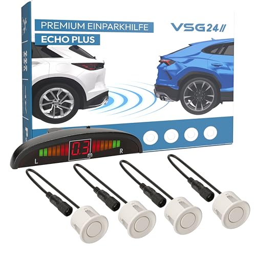 VSG24 Premium Einparkhilfe hinten mit Display zum nachrüsten am Auto, PDC Parksensoren hinten mit Stecksystem für einfachste Montage - 4 Rückfahrwarner Sensoren Parkhilfe Nachrüstsatz Weiß