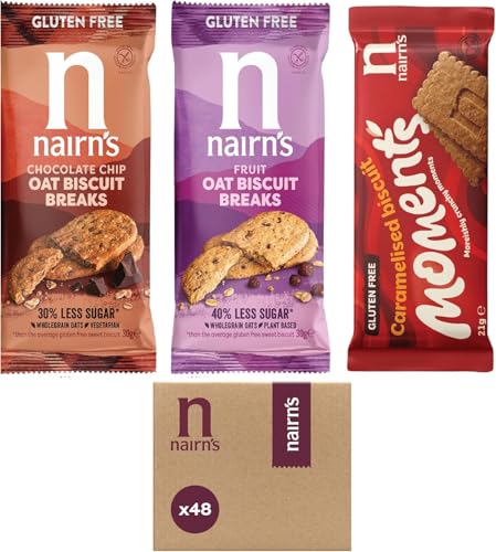 Nairns Oat Biscuit Breaks - Variety Pack - Gluten-Free Oat Biscuits - Healthy Snacks - 3 Flavours: Choc Chip Fruit & Caramelised Biscuit Moments - Pack of 48 (3 Biscuits per Pack)