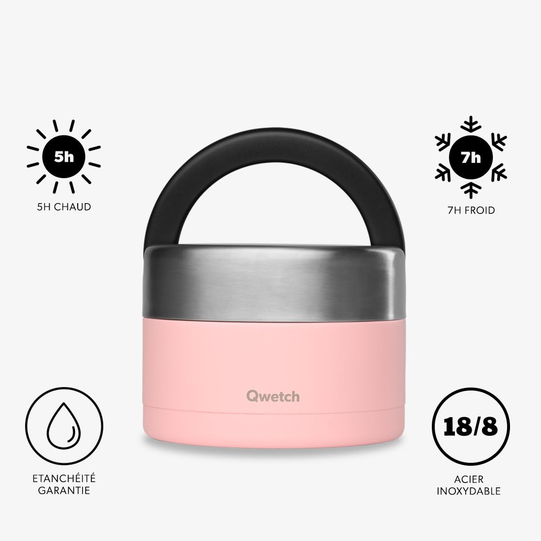 QWETCH - Fiambrera Isotérmica Inox con Asa - Acero Inoxidable 650ml Pastel Rosa- Caja Almuerzo 5h Caliente y 7h Fría - Hermética, Sin BPA y Reutilizable - Lunch Box para Oficina, Picnic, Senderismo