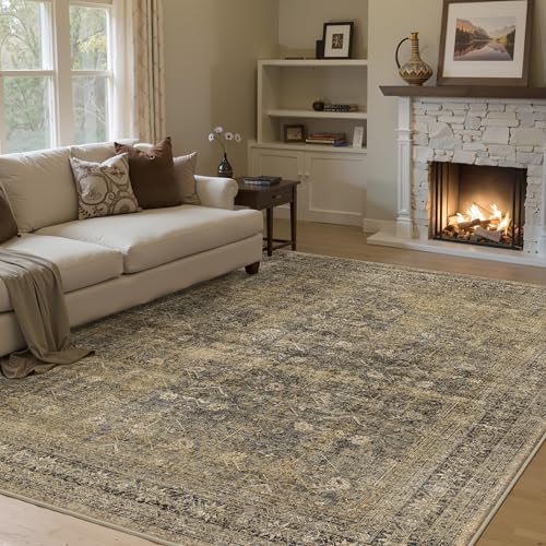 PureCozy Vintage Area Rug 8x10 Beige Washable Living Room Large Carpet Non Slip Bedroom Indoor Office Low Pile Traditional Distressed Retro Accent Rug for Dining Room 8' x 10' (Rectangular)