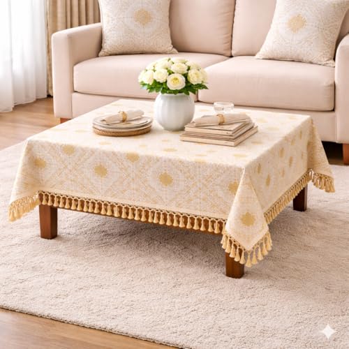 Image of Foil Print Table Cover 46x60 Inch (1 Pc) | Gold Printed Decorative Tablecloth for Center Table, Coffee Table & Dining Table (Off White- Golden)