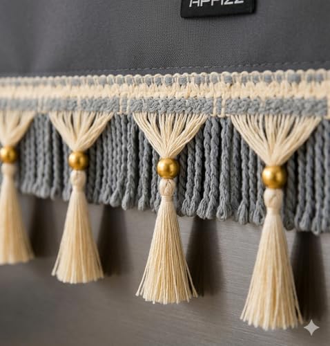 Image of Premium Decorative Refrigerator Cover with Tassel Lace & 6 Side Pockets | Waterproof, Dustproof & Washable Polyester Fridge Top Protector | Kitchen Organizer | 130 x 54 cm | Dark Grey