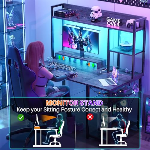 Image of Cyclysio Gaming Desk with Hutch, 39'' Computer Desk with LED Lights & Power Outlets, Home Office Desk with Reversible 5 Tiers Storage Shelves & Monitor Stand, Small Gaming Table for Small Space, Grey