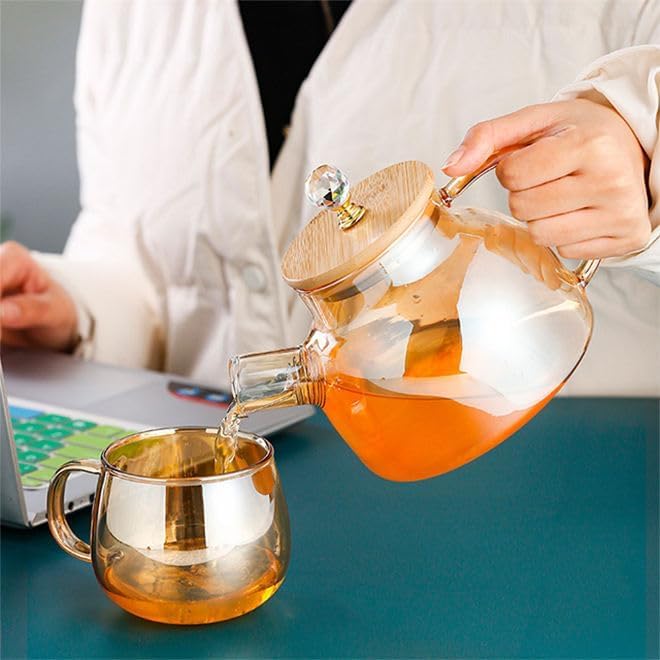 Image of Glass Tea Pot 1000ml with Wooden Lid & Stainless Steel Infuser | Golden Transparent Tea Kettle for Loose Leaf, Green, Herbal & Black Tea | Heat Resistant Teapot