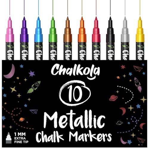 Chalkola Kreidestifte für Tafel Abwaschbar | 10 Metallic Stifte 1mm Extra Feine Spitze | Kreide Stift für Fenster, Tafel, Whiteboard & als Glasstift. Chalk markers für Erwachsene & Kinder
