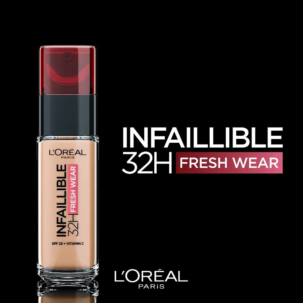 L Oreal Paris Infallible 24hr Freshwear Liquid Foundation 145 Rose Beige, Hydrating, Weightless Feel, Transfer-Proof and Waterproof, Full Coverage Base, Available in 26 Shades, SPF 25